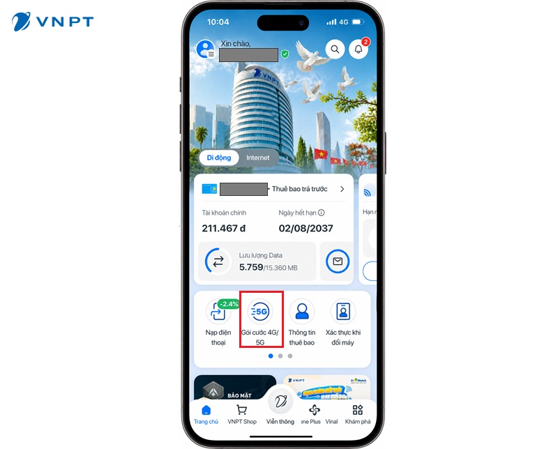 Chọn mục Gói cước 4G/5G để xem các gói đang áp dụng cho thuê bao