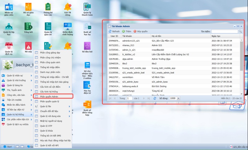 Giao diện Chức năng phân quyền admin