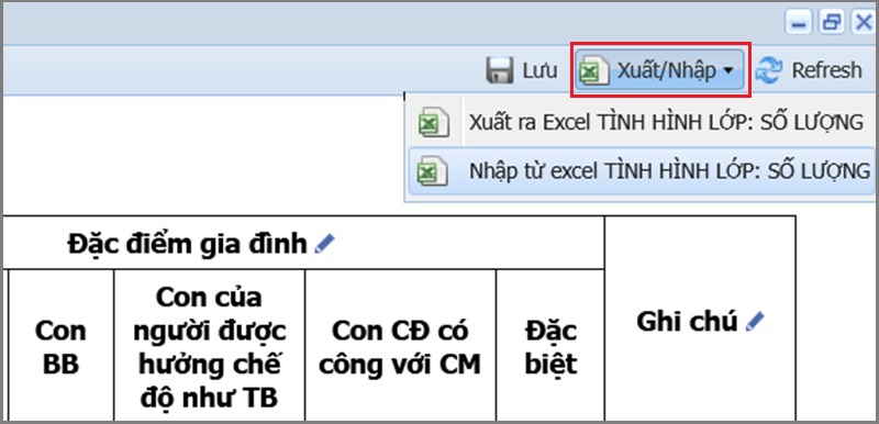  Để nhập xuất thông tin bằng file excel, các thầy cô bấm nút Xuất/Nhập và chọn chức năng tương ứng.