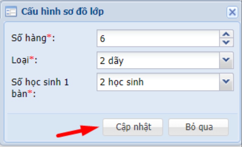 Chọn Cấu hình để cấu hình số lượng tổ của lớp, sau khi nhập số tổ, bấm nút Cập nhật.