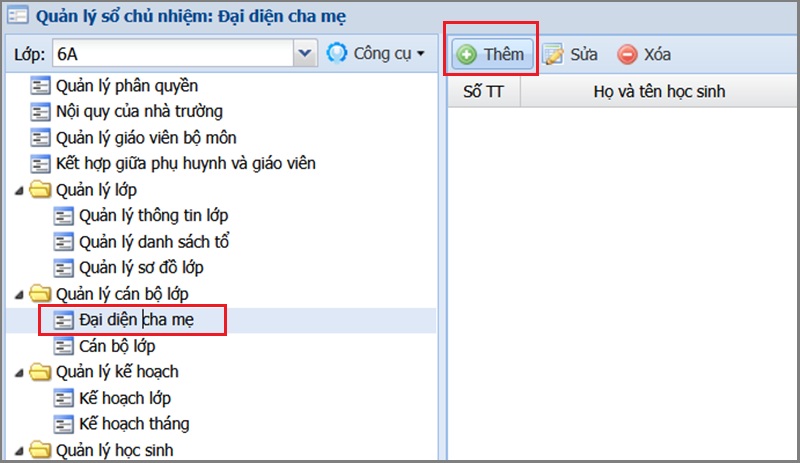 Chọn Thêm, hệ thống hiện cửa sổ nhập thông tin đại diện phụ huynh học sinh của lớp