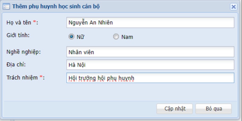 Nhập đầy đủ các trường thông tin rồi bấm nút Cập nhật để thêm phụ huynh vào danh sách đại diện cha mẹ.