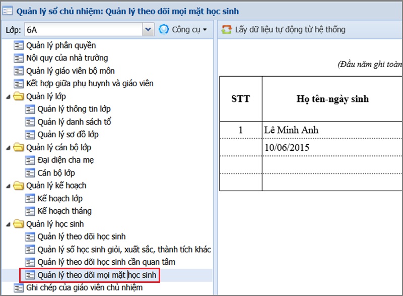 Chọn Quản lý theo dõi mọi mặt học sinh 