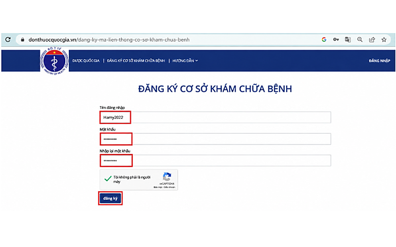 Cơ sở y tế Điền thông tin Tên đăng nhập và Mật khẩu, sau đó nhấn Đăng ký