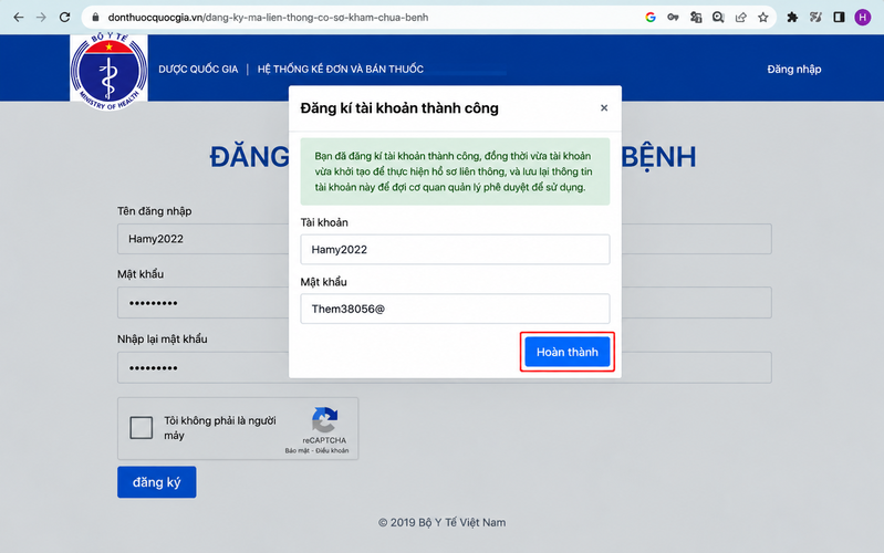 Khi hệ thống hiển thị thông báo đăng ký thành công, nhấn Hoàn thành.