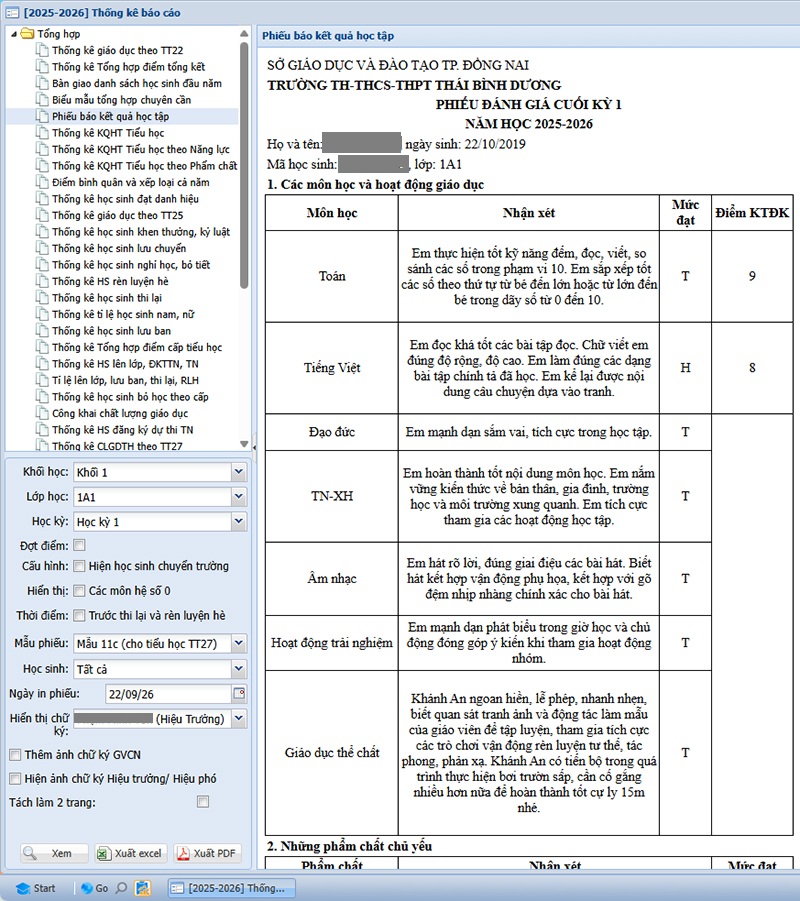 Thực hiện xuất file để in phiếu kết quả học tập 