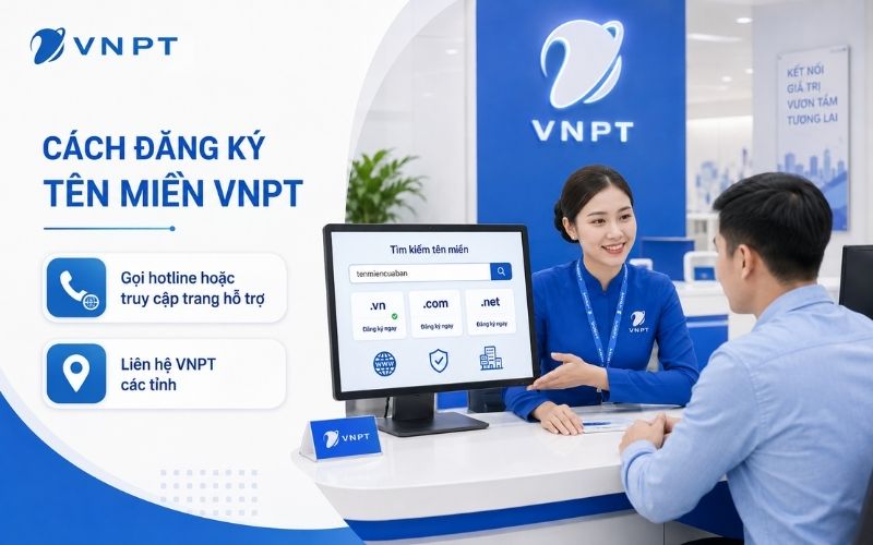 Đăng ký tên miền VNPT ngay qua hotline 1800 1260 hoặc liên hệ VNPT tỉnh/thành phố