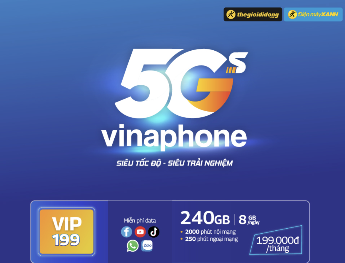 Trải nghiệm 5G đỉnh cao cùng gói cước VIP199/VIP249 của VinaPhone tại Thế Giới Di Động