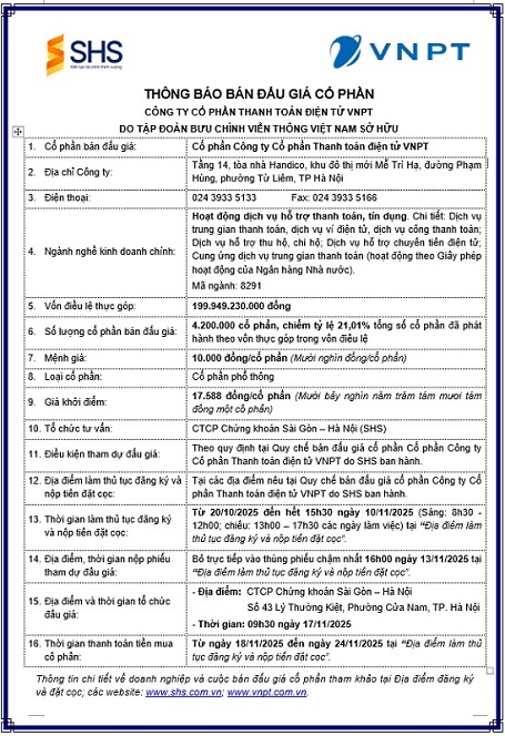 Thông báo bán đấu giá cổ phần tại Công ty CP Thanh toán Điện tử VNPT