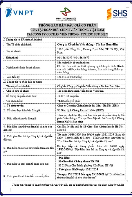 Thông báo bán đấu giá cổ phần tại Công ty Cổ phần Viễn thông – Tin học Bưu điện