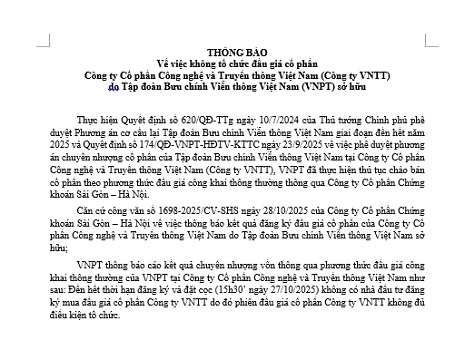 Thông báo về việc không tổ chức đấu giá cổ phần tại Công ty VNTT