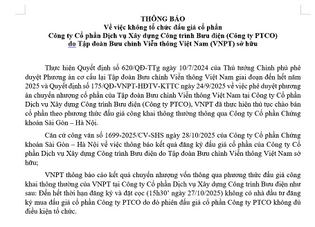 Thông báo về việc không tổ chức đấu giá cổ phần tại Công ty PTCO