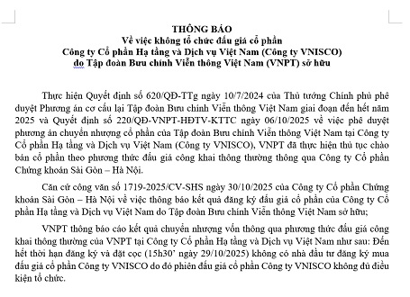Thông báo về việc không tổ chức đấu giá cổ phần tại Công ty VNISCO