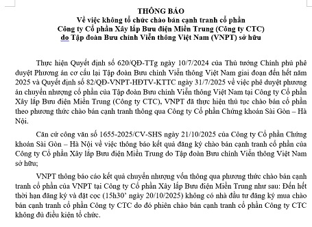 Thông báo về việc không tổ chức chào bán cạnh tranh cổ phần tại Công ty CTC