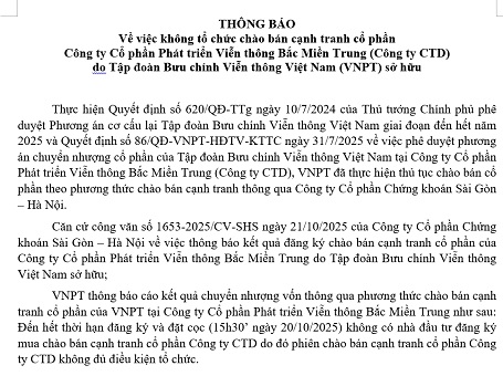 Thông báo về việc không tổ chức chào bán cạnh tranh cổ phần tại Công ty CTD