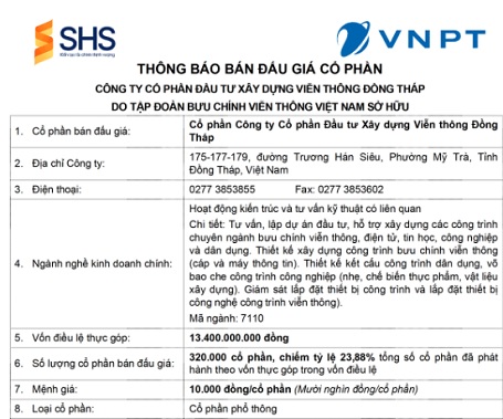 Thông báo bán đấu giá cổ phần tại Công ty CP Đầu tư Xây dựng Viễn thông Đồng Tháp 