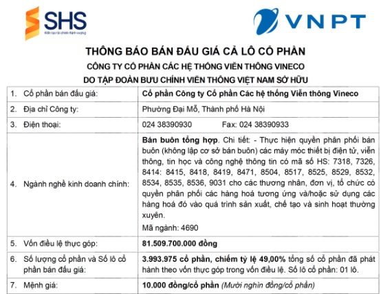Thông báo bán đấu giá cả lô cổ phần tại Công ty CP các Hệ thống Viễn thông VINECO