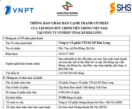 Thông báo chào bán cạnh tranh cổ phần tại Công ty CP VINACAP Kim Long