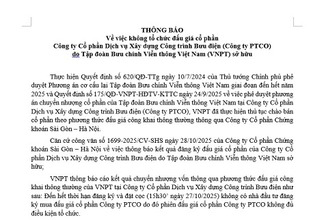 Thông báo về việc không tổ chức đấu giá cổ phần tại Công ty PTCO