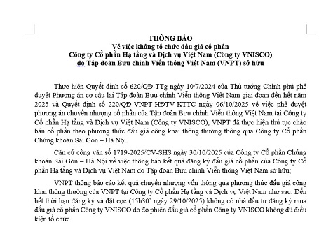 Thông báo về việc không tổ chức đấu giá cổ phần tại Công ty VNISCO