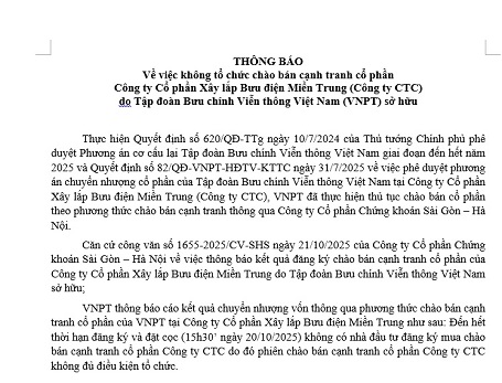 Thông báo về việc không tổ chức chào bán cạnh tranh cổ phần tại Công ty CTC
