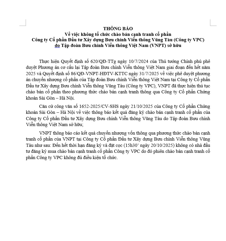 Thông báo về việc không tổ chức chào bán cạnh tranh cổ phần tại Công ty VPC