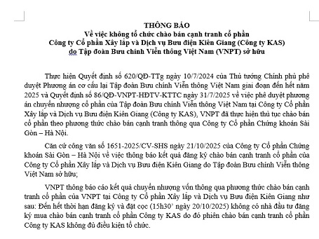 Thông báo về việc không tổ chức chào bán cạnh tranh cổ phần tại Công ty KAS