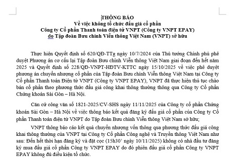 Thông báo về việc không tổ chức đấu giá cổ phần tại Công ty VNPT EPAY