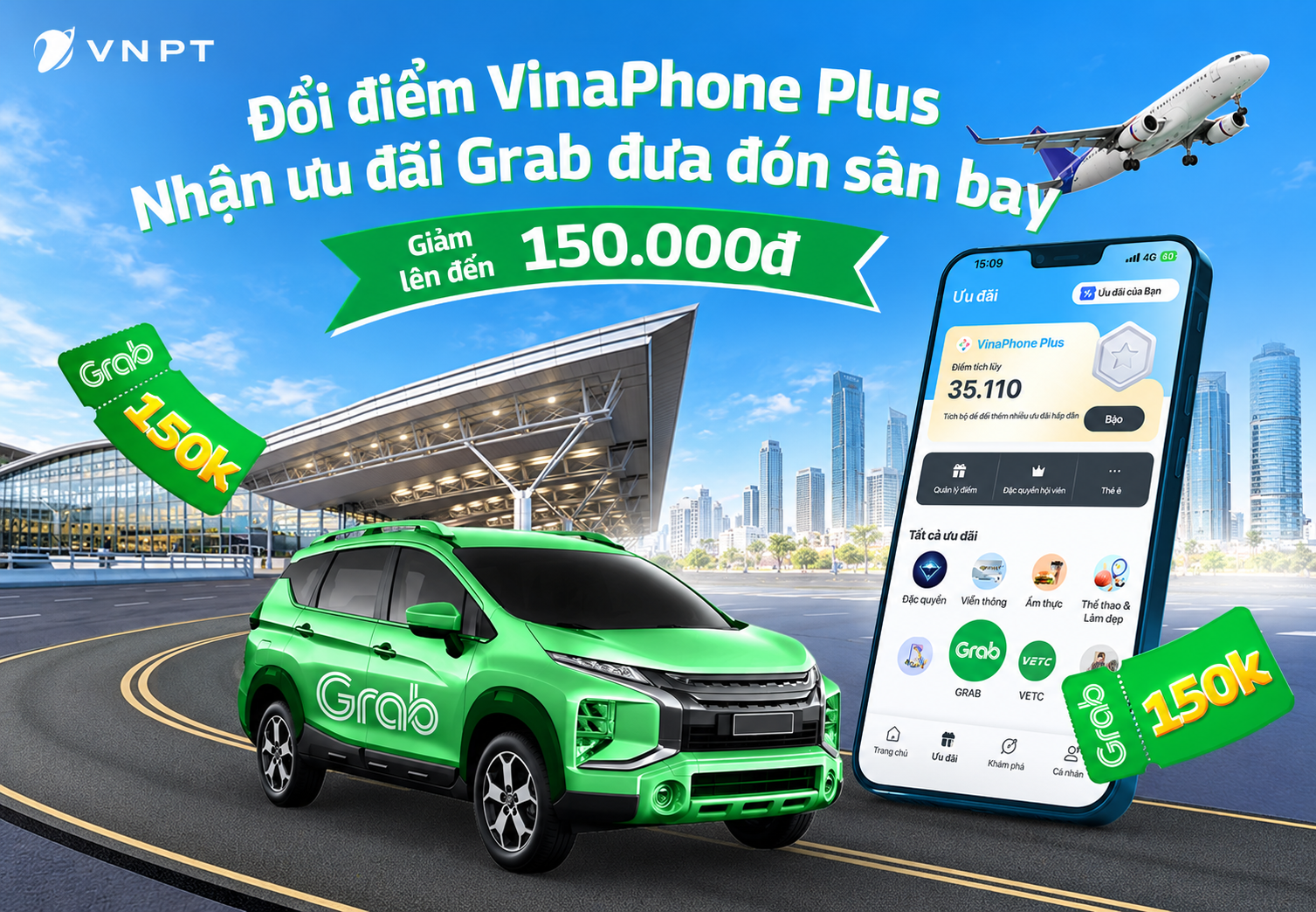 Đổi điểm VinaPhone Plus – Nhận ưu đãi Grab đưa đón sân bay đến 150.000đ